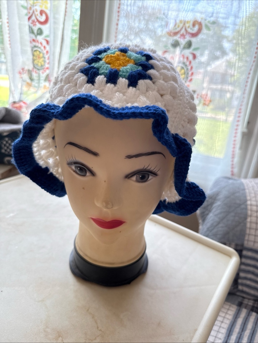 Handmade White and Blue Crochet Bucket Hat